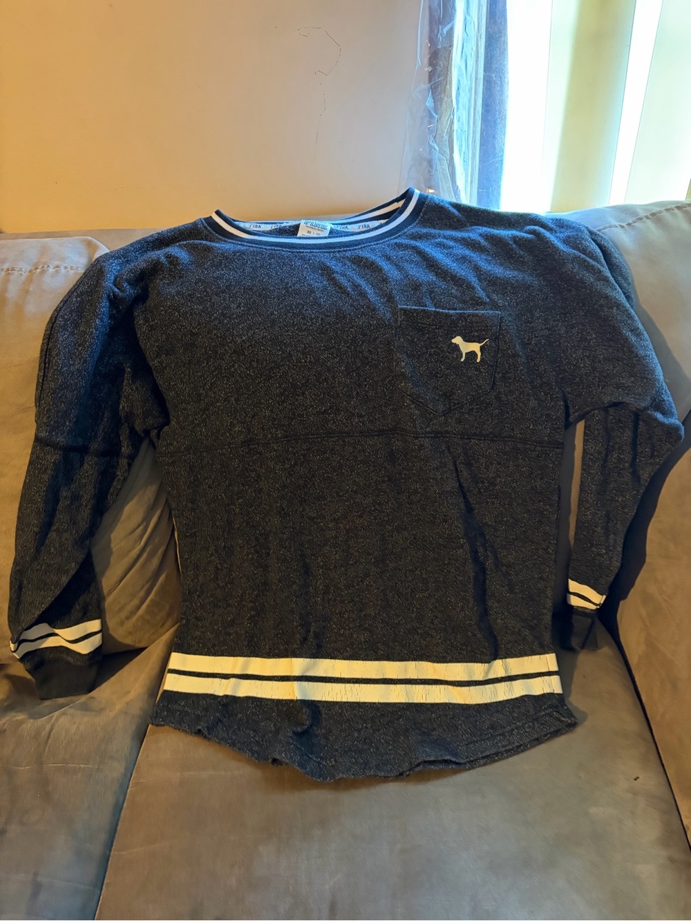 Victoria's Secret Men's Charcoal Crewneck Sweatshirt with White Stripes